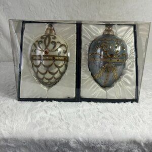 Hand Decorated Glass Ornaments 2 Pack Egg shape elegant Christmas holiday